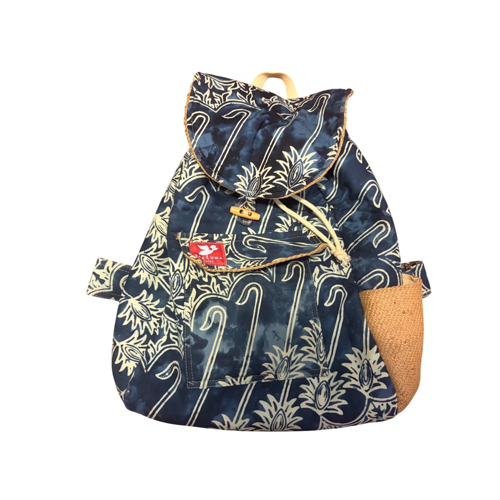 Taaluma Totes Backpack Boho Blue Batik Straw Accent Drawstring Toggle‎ OS